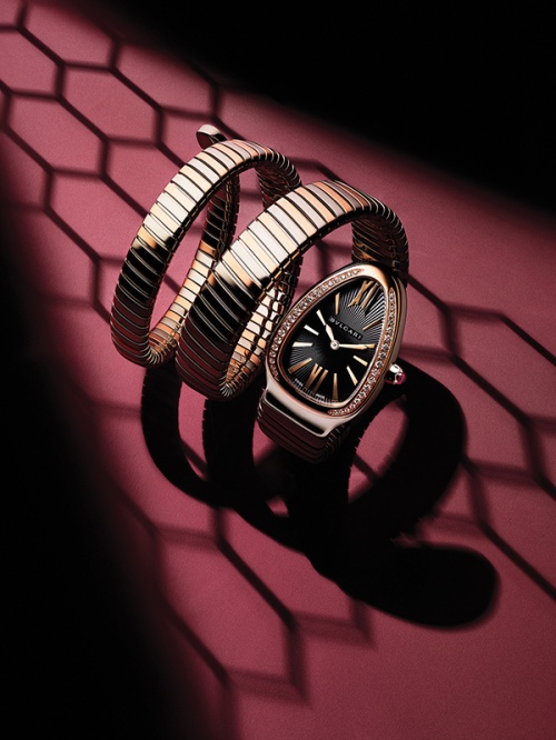 Serpenti Tubogas watch in 18k pink gold and steel with diamonds